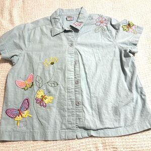 Cre8ions Linen Butterfly‎ Embroidered Button Shirt XL Pastel Cottagecore Top Art